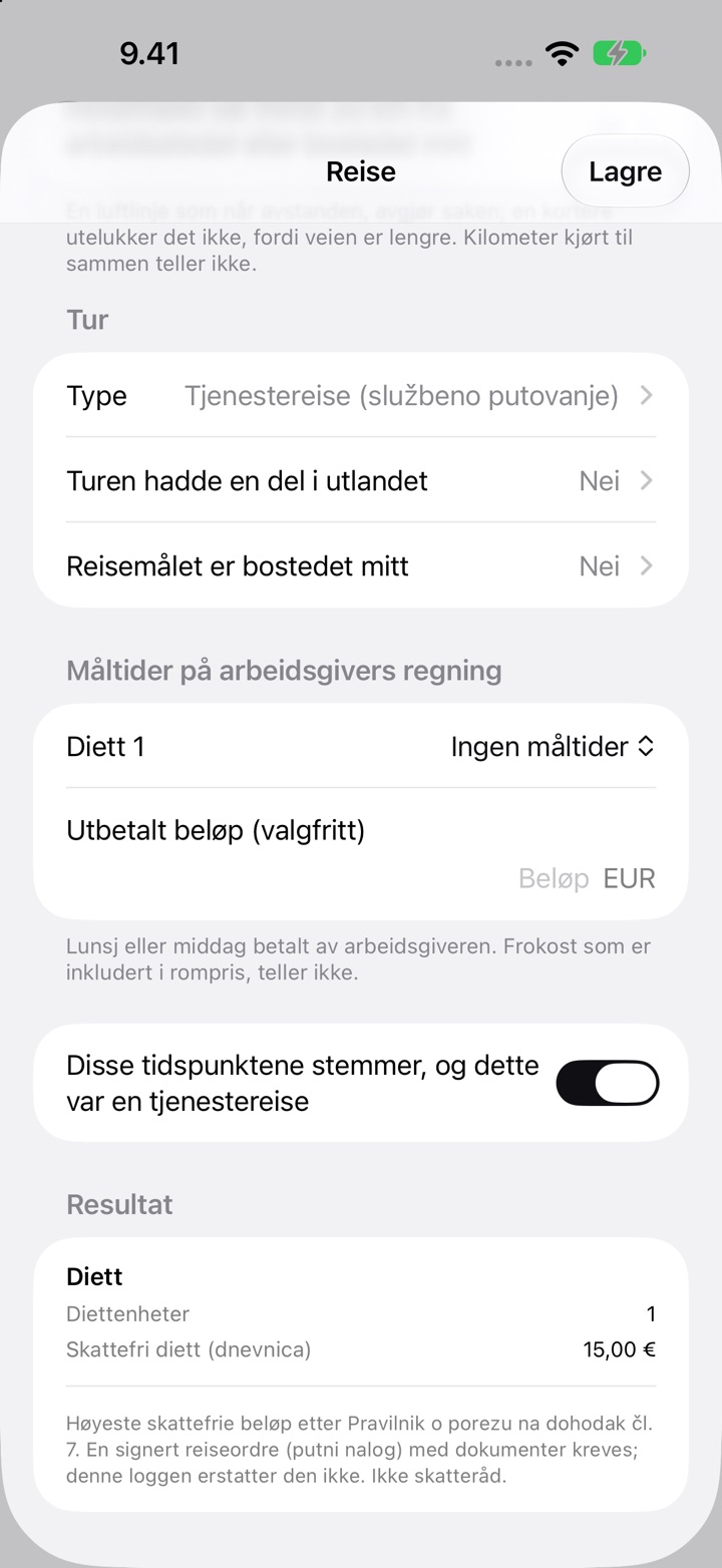 Skjermen Reise for Kroatia: Type satt til Tjenestereise (službeno putovanje), Måltider på arbeidsgivers regning og Resultat med 1 diett og en skattefri diett (dnevnica) på 15,00 €