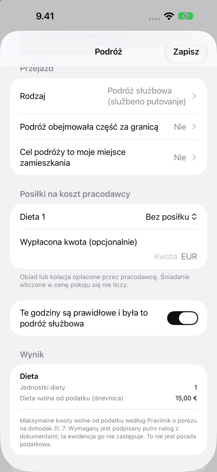 Ekran Podróż dla Chorwacji: Rodzaj ustawiony na Podróż służbowa (službeno putovanje), Posiłki na koszt pracodawcy i Wynik z 1 dietą i dietą wolną od podatku (dnevnica) 15,00 €