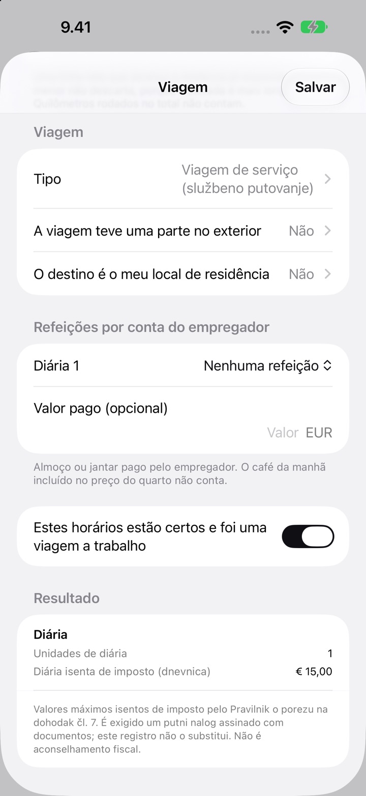 A tela Viagem para a Croácia: Tipo definido como Viagem de serviço (službeno putovanje), Refeições por conta do empregador e o Resultado com 1 diária e uma diária isenta de imposto (dnevnica) de 15,00 €