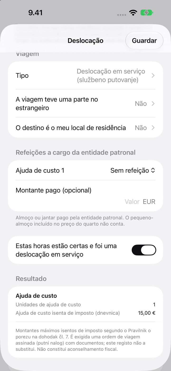 O ecrã Deslocação para a Croácia: Tipo definido como Deslocação em serviço (službeno putovanje), Refeições a cargo da entidade patronal e o Resultado com 1 ajuda de custo e uma ajuda de custo isenta de imposto (dnevnica) de 15,00 €