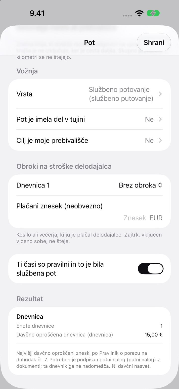 Zaslon Pot za Hrvaško: Vrsta nastavljena na Službeno potovanje (službeno putovanje), Obroki na stroške delodajalca in Rezultat z 1 dnevnico in davčno oproščeno dnevnico 15,00 €