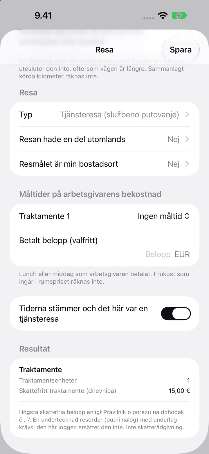 Skärmen Resa för Kroatien: Typ satt till Tjänsteresa (službeno putovanje), Måltider på arbetsgivarens bekostnad och Resultat med 1 traktamente och ett skattefritt traktamente (dnevnica) på 15,00 €
