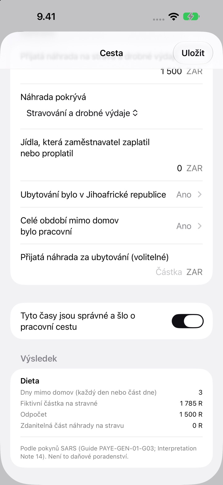 Obrazovka Cesta pro Jihoafrickou republiku: náhrada pokrývá stravování a drobné výdaje a Výsledek se 3 dny mimo domov, fiktivní částkou na stravné R1 785 a odpočtem R1 500