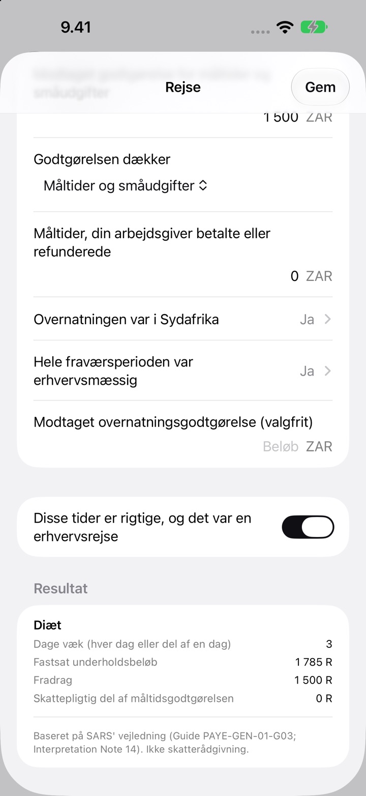 Skærmen Rejse for Sydafrika: godtgørelsen dækker måltider og småudgifter, og Resultat med 3 dage væk, et fastsat underholdsbeløb på R1 785 og et fradrag på R1 500