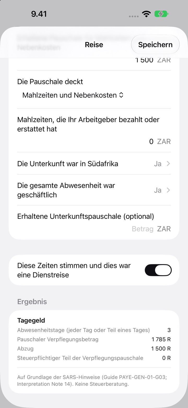 Der Bildschirm Reise für Südafrika: Die Pauschale deckt Mahlzeiten und Nebenkosten, und das Ergebnis mit 3 Abwesenheitstagen, einem pauschalen Verpflegungsbetrag von R1 785 und einem Abzug von R1 500