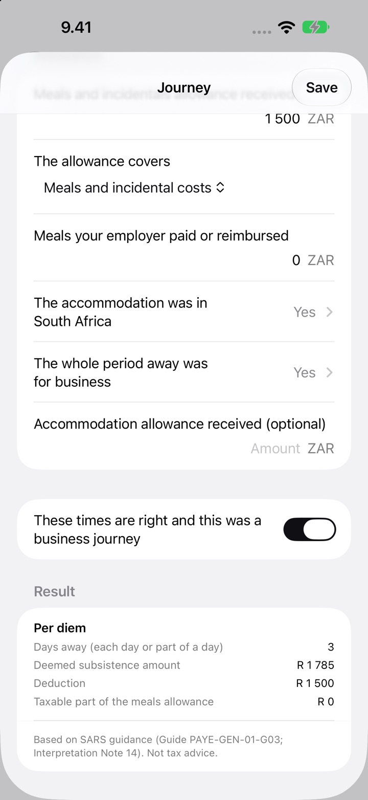 The Journey screen for South Africa: the allowance covers meals and incidental costs, and the Result with 3 days away, a deemed subsistence amount of R1 785 and a deduction of R1 500