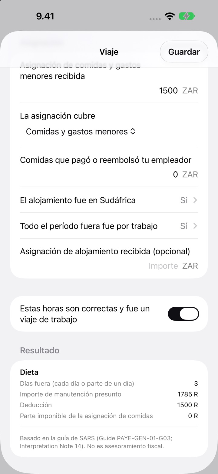 La pantalla Viaje para Sudáfrica: la asignación cubre comidas y gastos menores, y el Resultado con 3 días fuera, un importe de manutención presunto de R1 785 y una deducción de R1 500