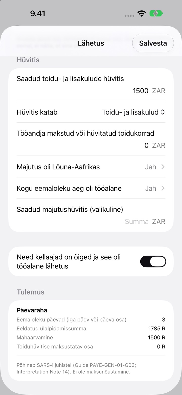 Lõuna-Aafrika lähetuse ekraan: hüvitis katab toidu- ja lisakulud ning Tulemus 3 eemaloleku päeva, eeldatud ülalpidamissummaga R1 785 ja mahaarvamisega R1 500