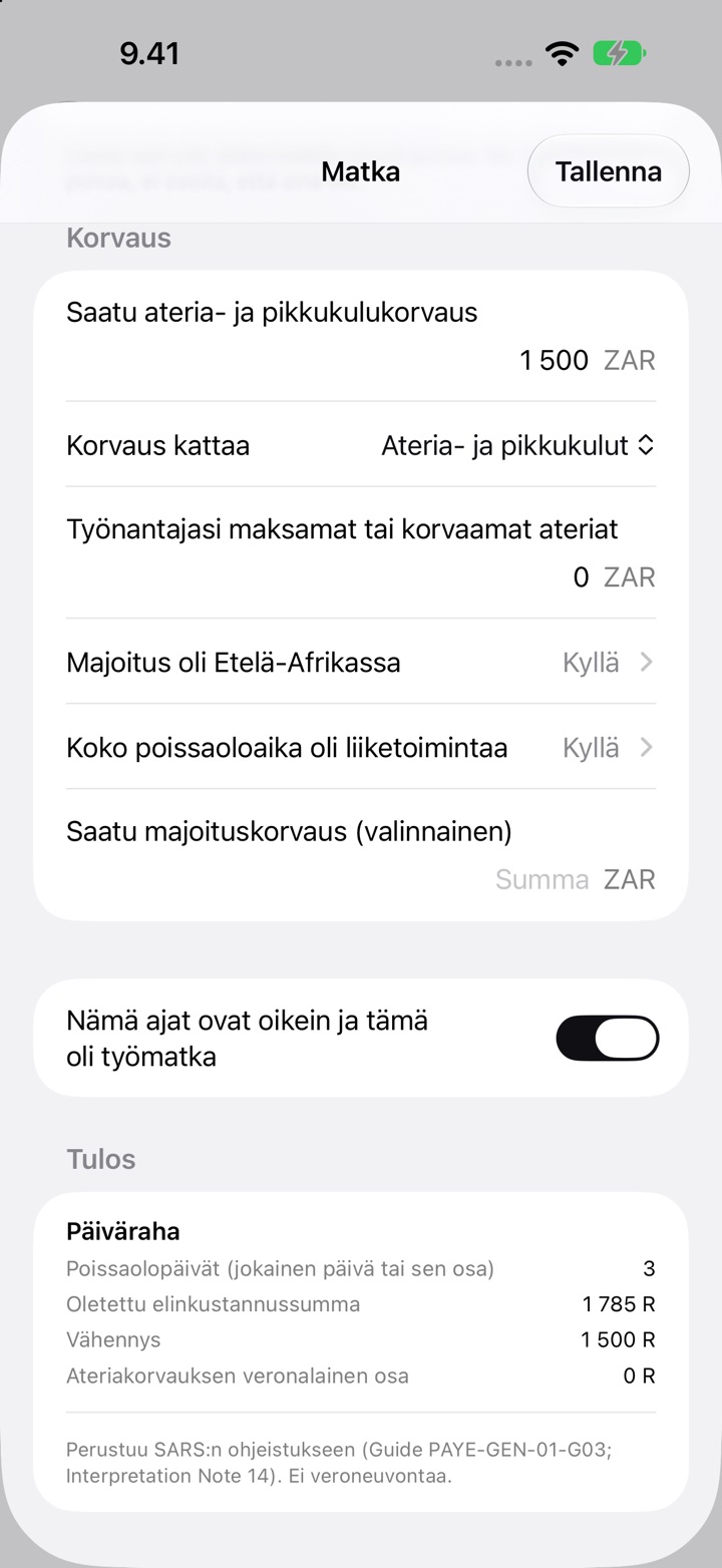 Etelä-Afrikan Matka-näkymä: korvaus kattaa ateria- ja pikkukulut, ja Tulos, jossa 3 poissaolopäivää, oletettu elinkustannussumma R1 785 ja vähennys R1 500