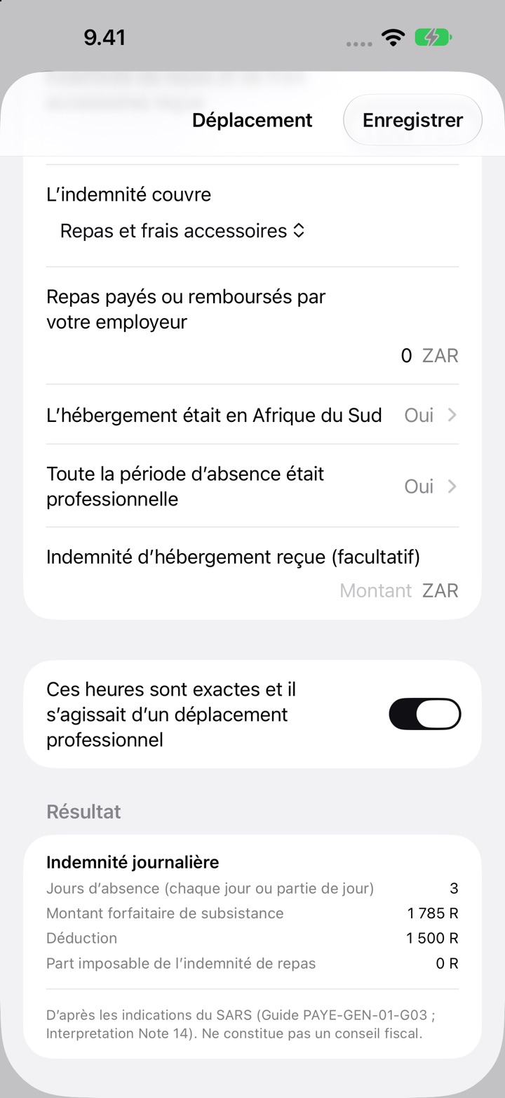 L’écran Déplacement pour l’Afrique du Sud : l’indemnité couvre repas et frais accessoires, et le Résultat avec 3 jours d’absence, un montant forfaitaire de subsistance de R1 785 et une déduction de R1 500