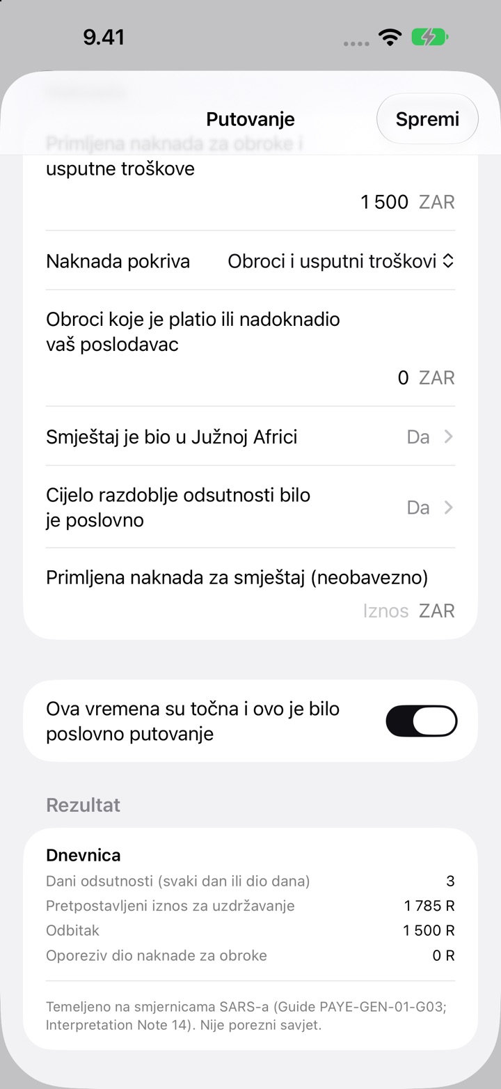 Zaslon Putovanje za Južnu Afriku: naknada pokriva obroke i usputne troškove, i Rezultat s 3 dana odsutnosti, pretpostavljenim iznosom za uzdržavanje od R1 785 i odbitkom od R1 500