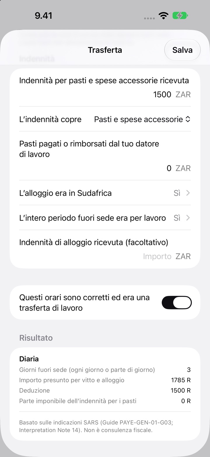 La schermata Trasferta per il Sudafrica: l’indennità copre pasti e spese accessorie, e il Risultato con 3 giorni fuori sede, un importo presunto di R1 785 e una deduzione di R1 500