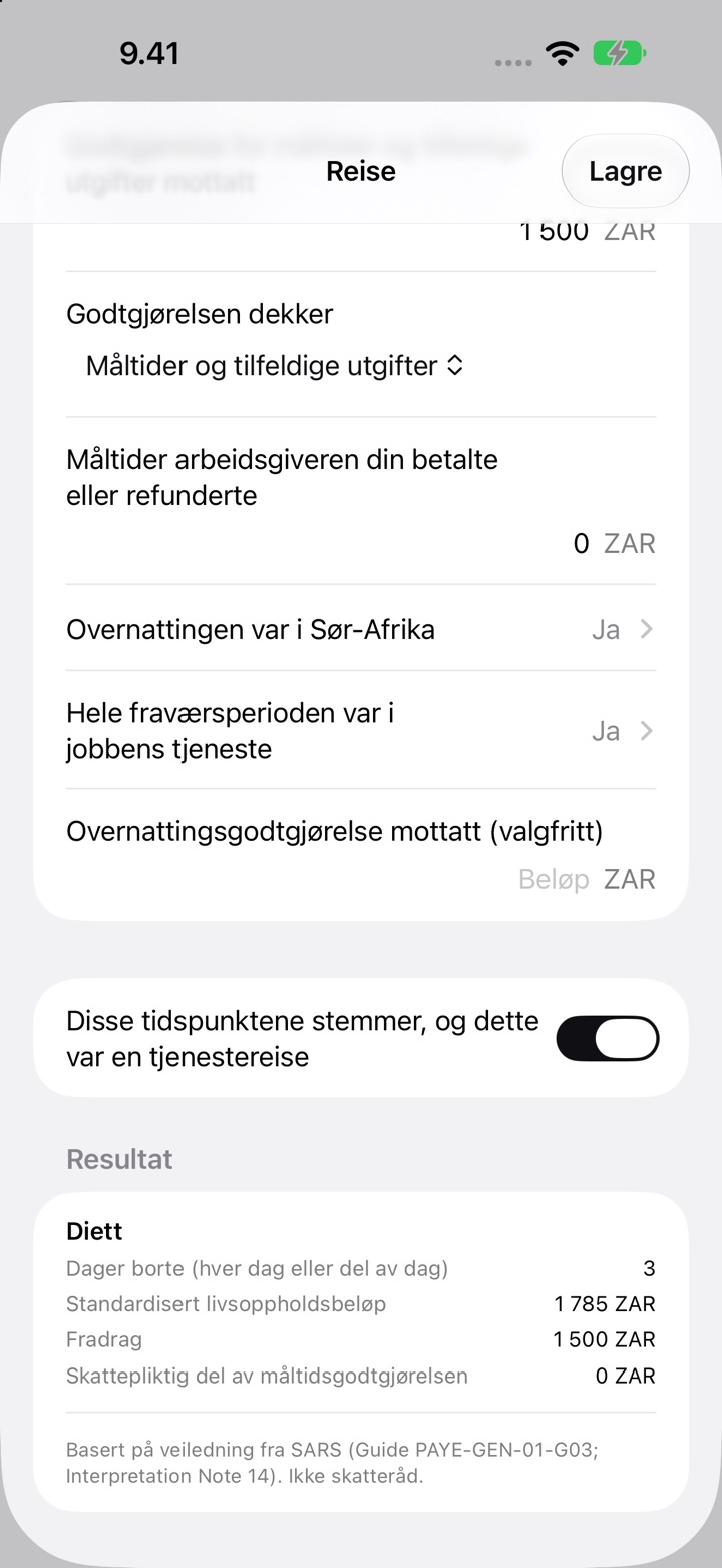 Skjermen Reise for Sør-Afrika: godtgjørelsen dekker måltider og tilfeldige utgifter, og Resultat med 3 dager borte, et standardisert livsoppholdsbeløp på R1 785 og et fradrag på R1 500