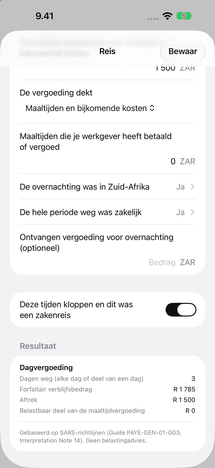Het scherm Reis voor Zuid-Afrika: de vergoeding dekt maaltijden en bijkomende kosten, en het Resultaat met 3 dagen weg, een forfaitair verblijfsbedrag van R1 785 en een aftrek van R1 500