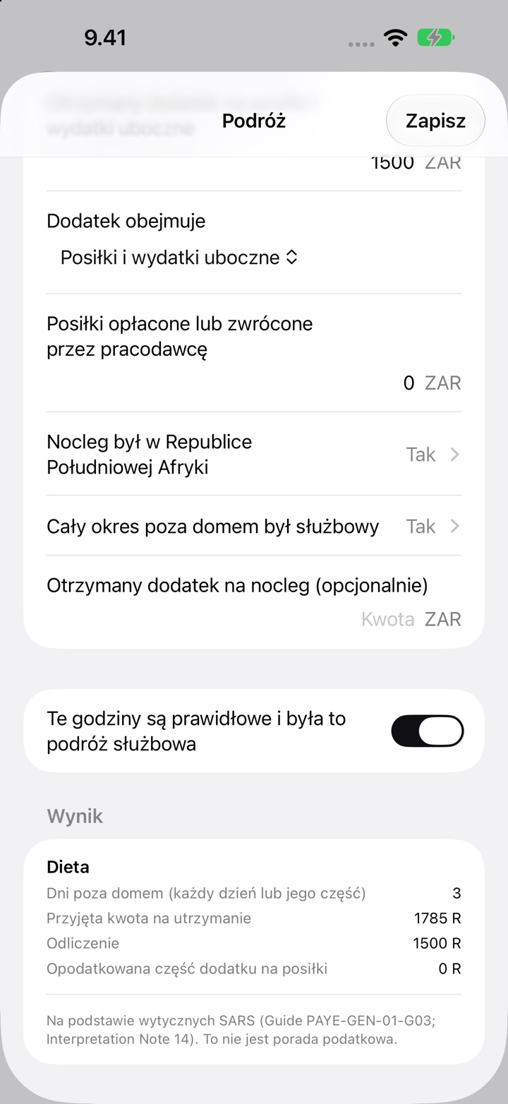 Ekran Podróż dla RPA: dodatek obejmuje posiłki i wydatki uboczne, oraz Wynik z 3 dniami poza domem, przyjętą kwotą na utrzymanie R1 785 i odliczeniem R1 500