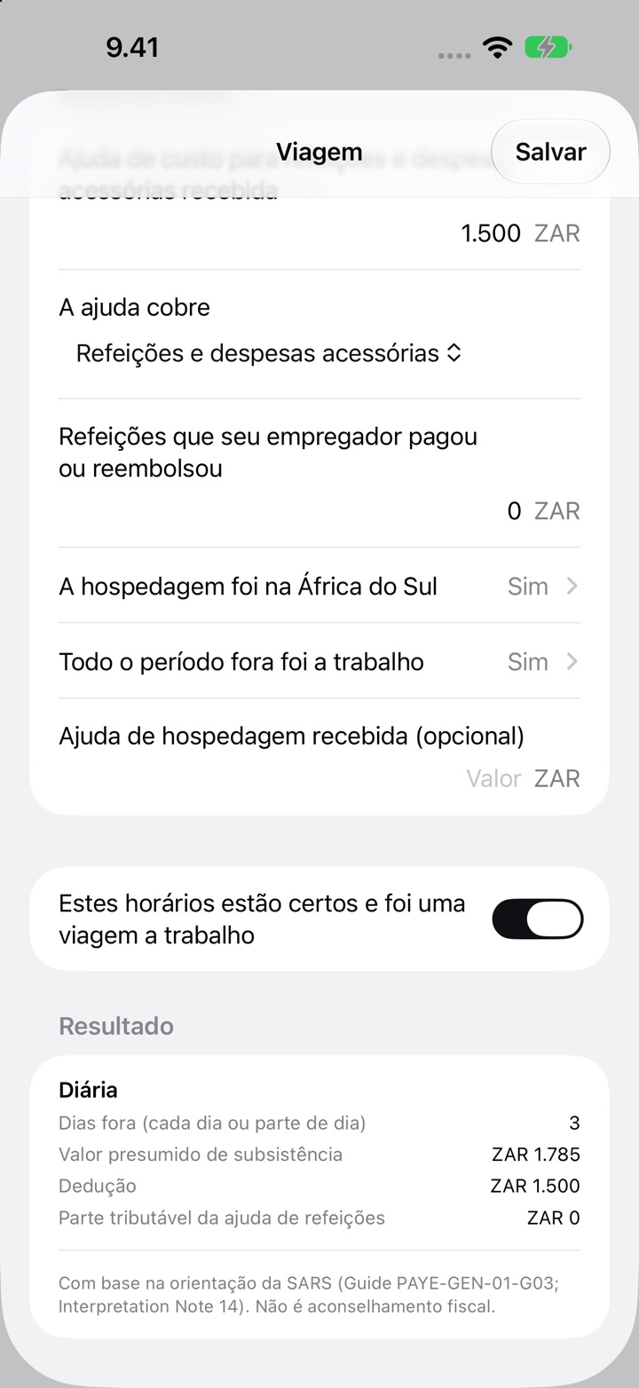 A tela Viagem para a África do Sul: a ajuda cobre refeições e despesas acessórias, e o Resultado com 3 dias fora, um valor presumido de subsistência de R1 785 e uma dedução de R1 500