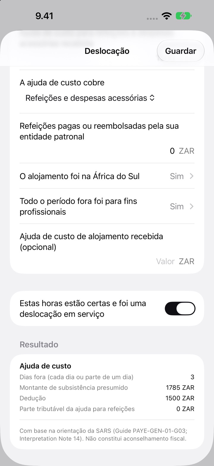 O ecrã Deslocação para a África do Sul: a ajuda de custo cobre refeições e despesas acessórias, e o Resultado com 3 dias fora, um montante de subsistência presumido de R1 785 e uma dedução de R1 500