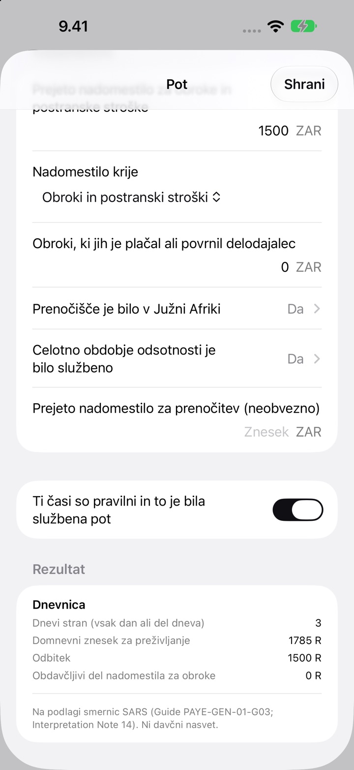 Zaslon Pot za Južno Afriko: nadomestilo krije obroke in postranske stroške, ter Rezultat s 3 dnevi stran, domnevnim zneskom za preživljanje R1 785 in odbitkom R1 500