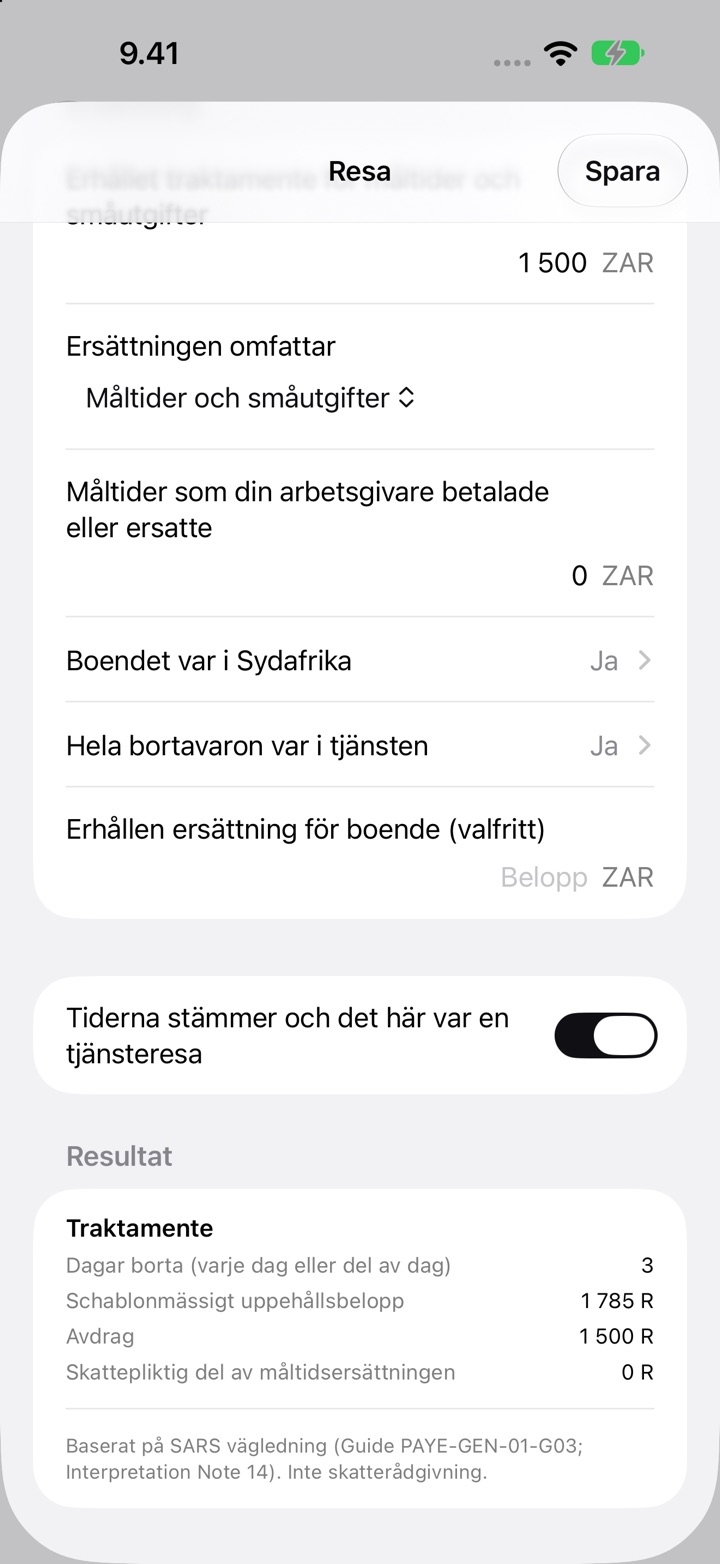 Skärmen Resa för Sydafrika: ersättningen omfattar måltider och småutgifter, och Resultat med 3 dagar borta, ett schablonmässigt uppehållsbelopp på R1 785 och ett avdrag på R1 500