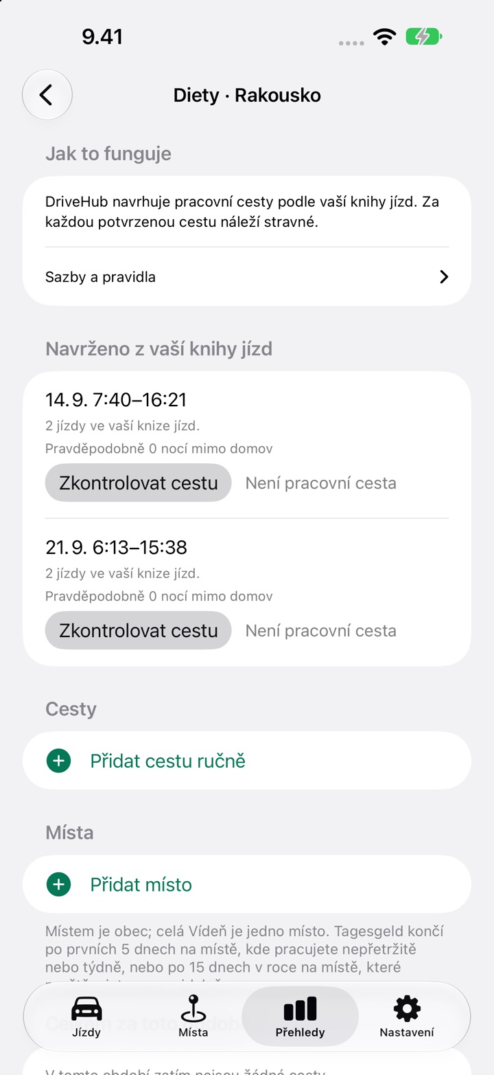 Obrazovka Diety pro Rakousko s cestou uvedenou pod „Navrženo z vaší knihy jízd“ a tlačítky „Zkontrolovat cestu“ a „Není pracovní cesta“
