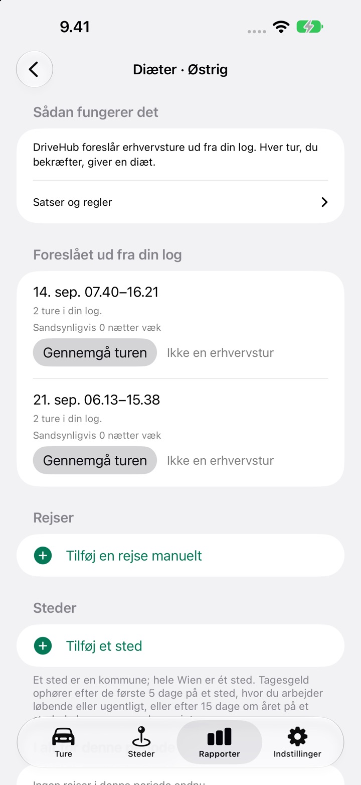 Skærmen Diæter for Østrig, med en rejse opført under "Foreslået ud fra din log" og knapperne "Gennemgå turen" og "Ikke en erhvervstur"