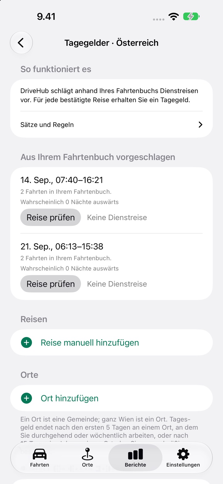 Der Bildschirm Tagegelder für Österreich mit einer Reise unter „Aus Ihrem Fahrtenbuch vorgeschlagen“ und den Schaltflächen „Reise prüfen“ und „Keine Dienstreise“