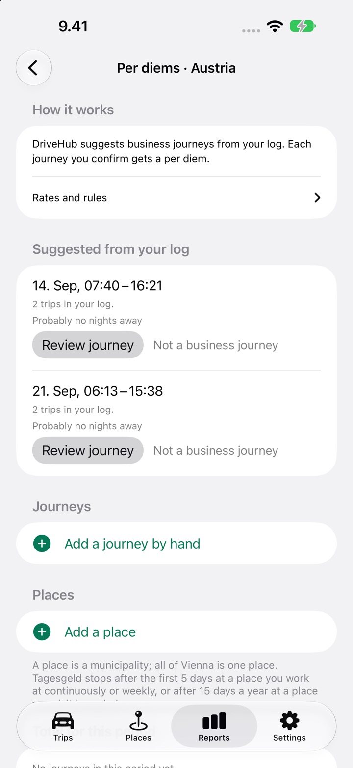 The Per diems screen for Austria, with a journey listed under "Suggested from your log" and the buttons "Review journey" and "Not a business journey"
