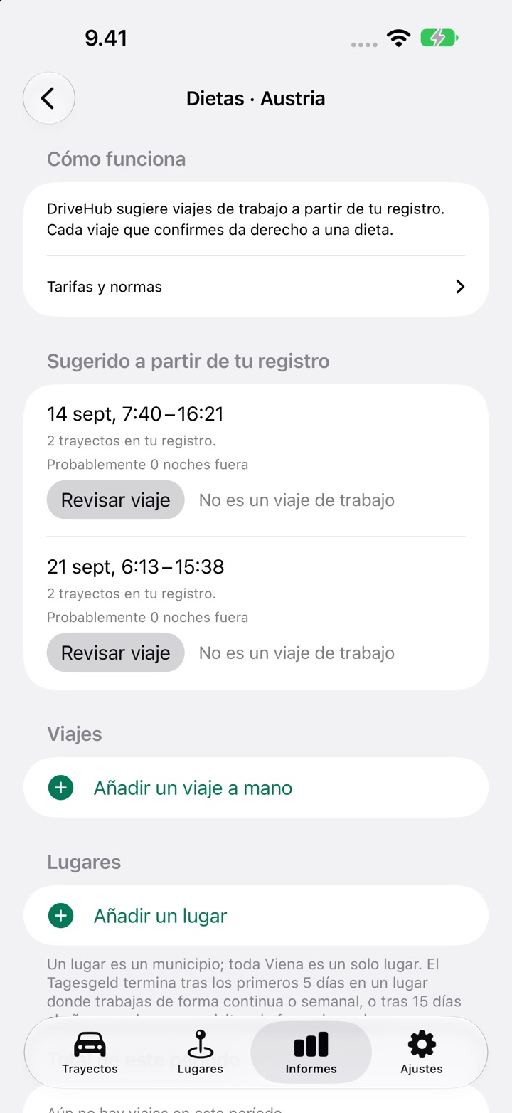 La pantalla Dietas de Austria, con un viaje listado en «Sugerido a partir de tu registro» y los botones «Revisar viaje» y «No es un viaje de trabajo»