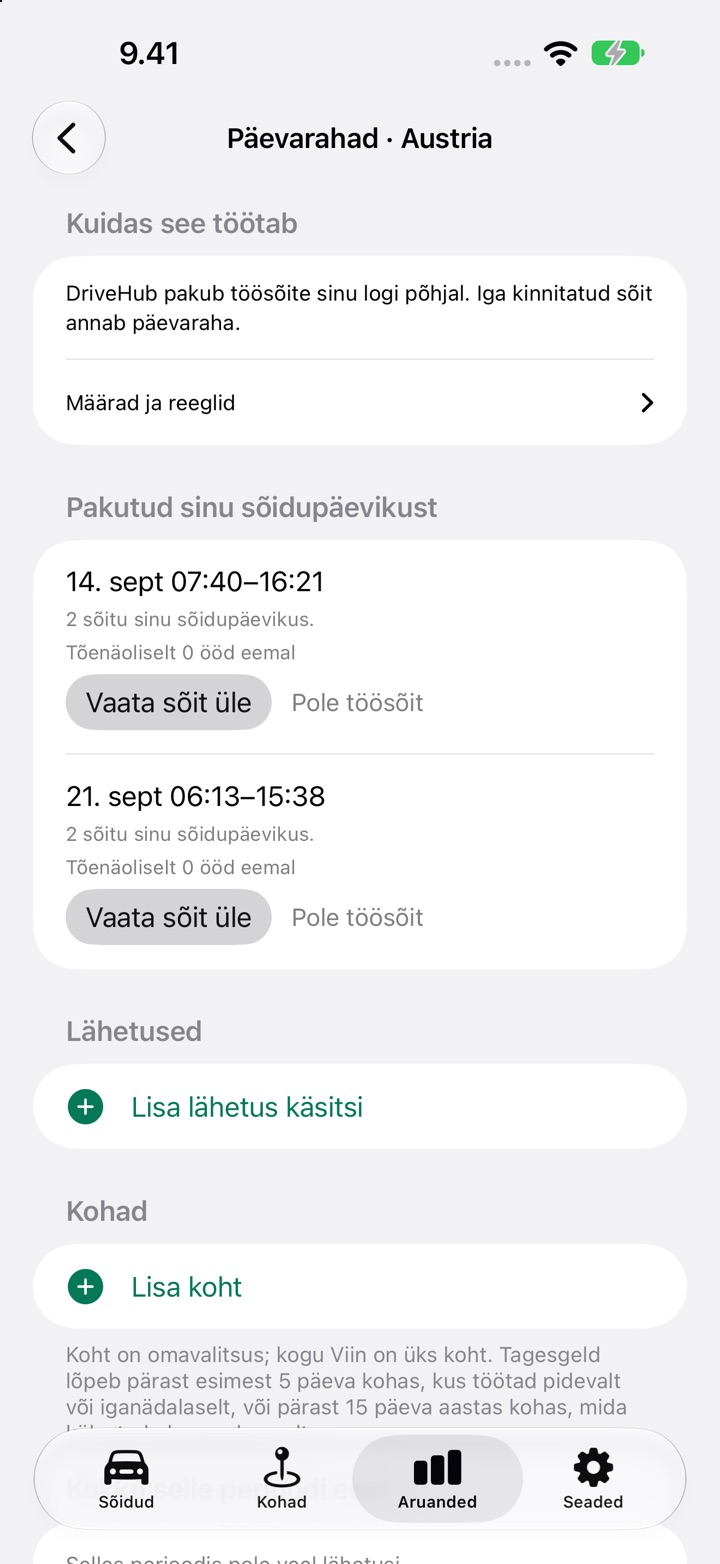 Austria Päevarahade ekraan, kus on lähetus rubriigis „Pakutud sinu sõidupäevikust“ ning nupud „Vaata sõit üle“ ja „Pole töösõit“