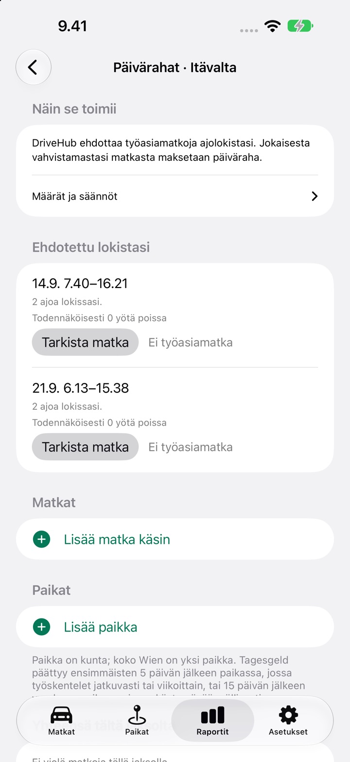 Itävallan Päivärahat-näyttö, jossa matka on listattu kohdassa "Ehdotettu lokistasi" ja painikkeet "Tarkista matka" ja "Ei työasiamatka"