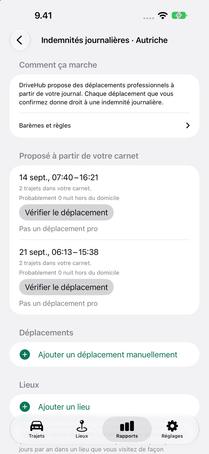 L'écran des indemnités journalières pour l'Autriche, avec un déplacement listé sous « Proposé à partir de votre carnet » et les boutons « Vérifier le déplacement » et « Pas un déplacement pro »