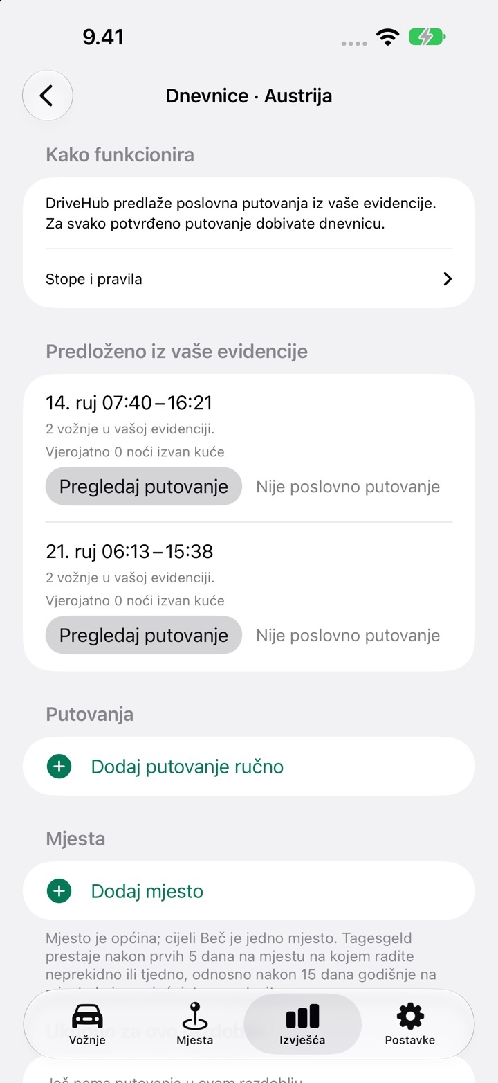 Zaslon Dnevnice za Austriju s putovanjem navedenim pod „Predloženo iz vaše evidencije“ i gumbima „Pregledaj putovanje“ i „Nije poslovno putovanje“