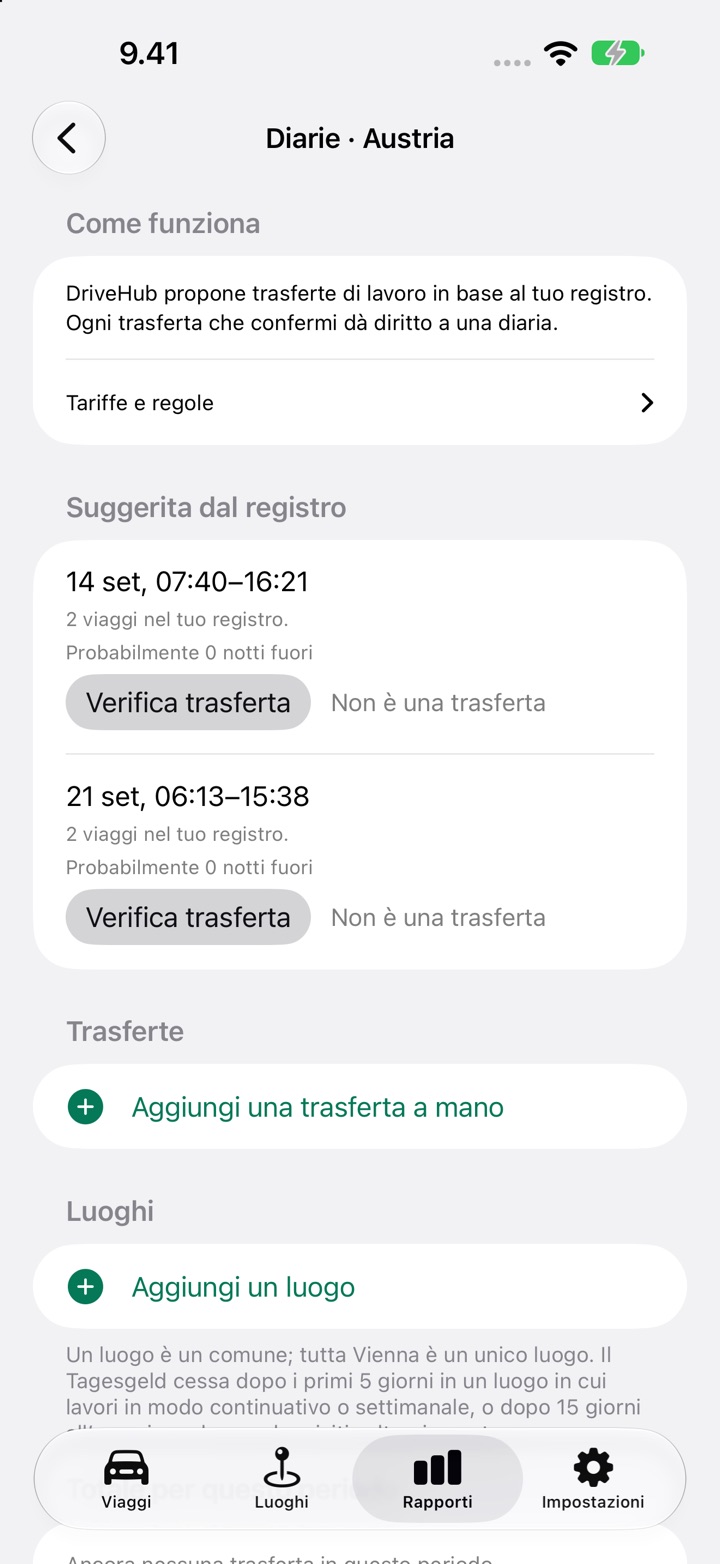 La schermata Diarie per l’Austria, con un viaggio elencato sotto «Suggerita dal registro» e i pulsanti «Verifica trasferta» e «Non è una trasferta»