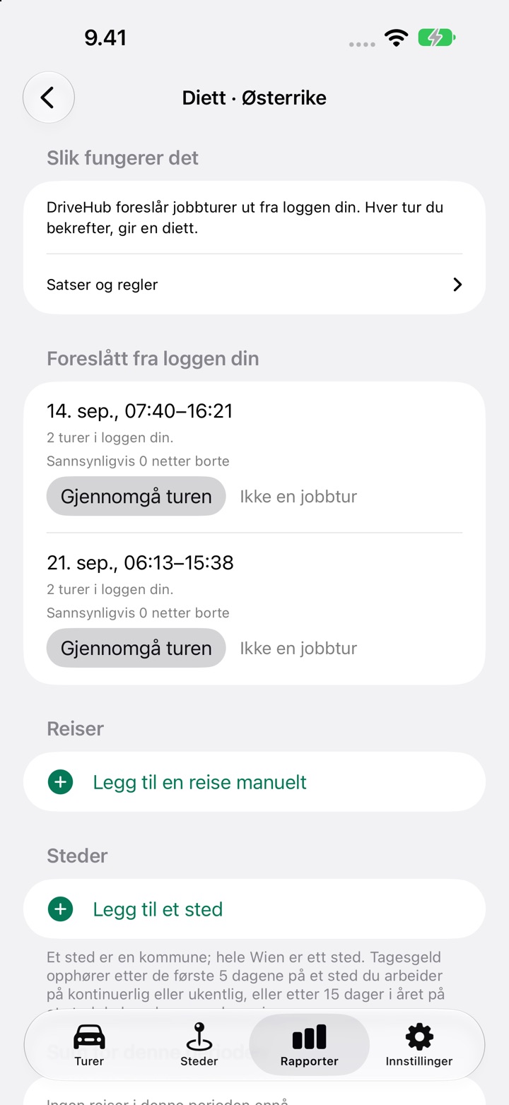 Skjermen Diett for Østerrike, med en reise oppført under «Foreslått fra loggen din» og knappene «Gjennomgå turen» og «Ikke en jobbtur»