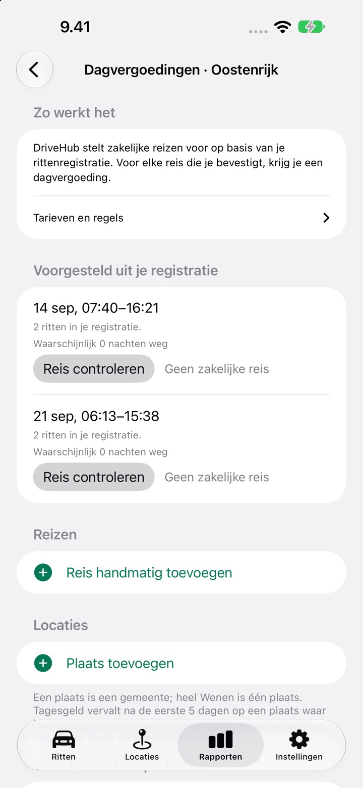 Het scherm Dagvergoedingen voor Oostenrijk, met een reis onder "Voorgesteld uit je registratie" en de knoppen "Reis controleren" en "Geen zakelijke reis"