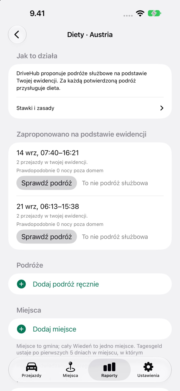 Ekran Diety dla Austrii z podróżą na liście „Zaproponowano na podstawie ewidencji” i przyciskami „Sprawdź podróż” oraz „To nie podróż służbowa”