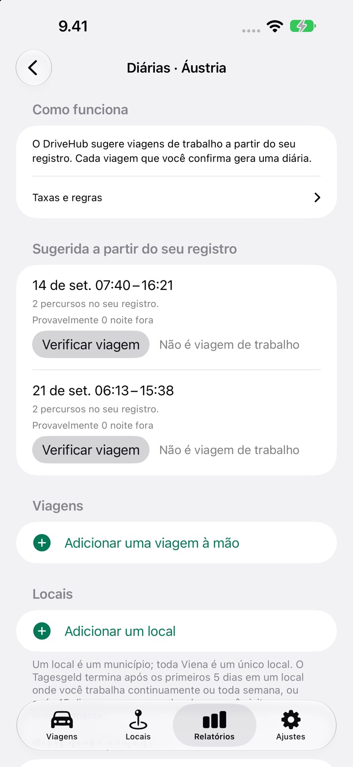 A tela Diárias da Áustria, com uma viagem listada em "Sugerida a partir do seu registro" e os botões "Verificar viagem" e "Não é viagem de trabalho"