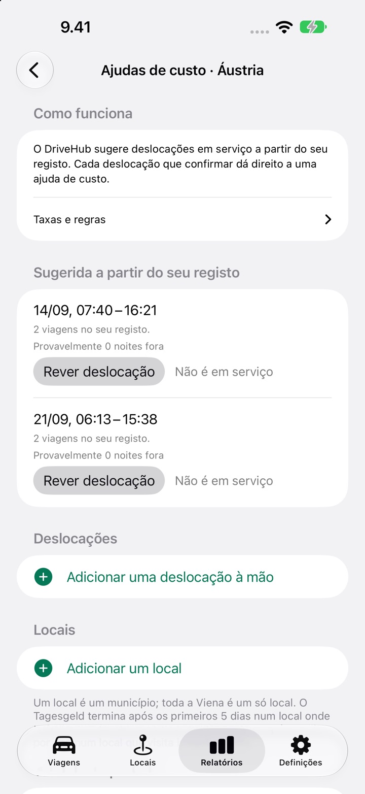 O ecrã Ajudas de custo para a Áustria, com uma deslocação listada em "Sugerida a partir do seu registo" e os botões "Rever deslocação" e "Não é em serviço"