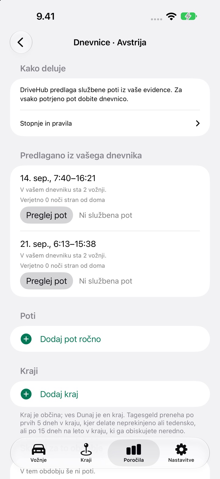 Zaslon Dnevnice za Avstrijo s potjo, navedeno pod „Predlagano iz vašega dnevnika“, in gumboma „Preglej pot“ ter „Ni službena pot“