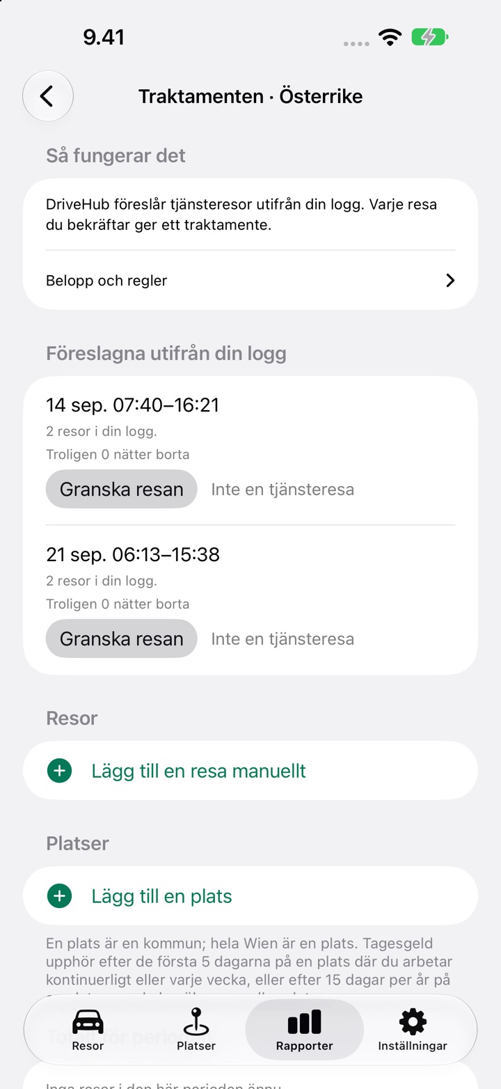 Skärmen Traktamenten för Österrike, med en resa listad under "Föreslagna utifrån din logg" och knapparna "Granska resan" och "Inte en tjänsteresa"