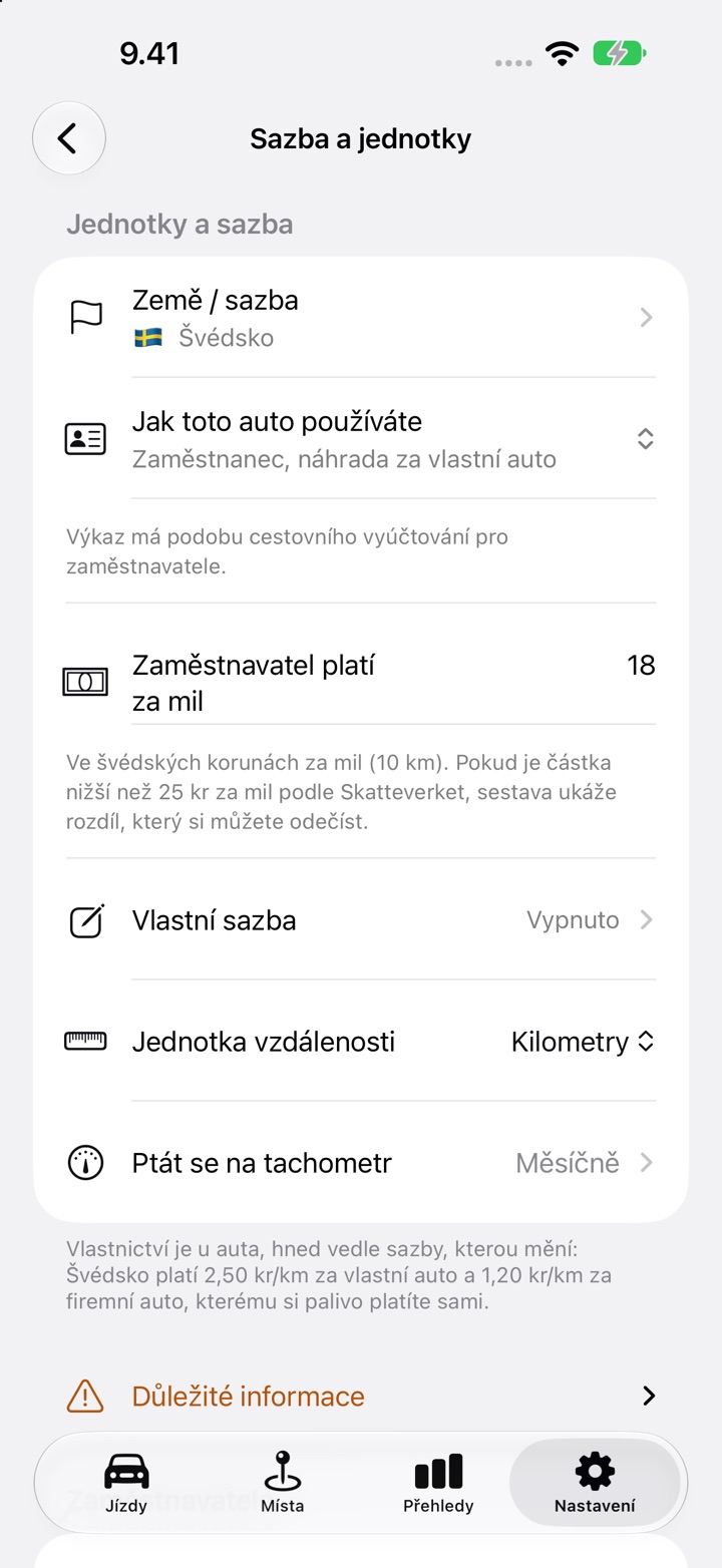 Nastavení, Sazba a jednotky, s polem „Zaměstnavatel platí za mil“ nastaveným na 18 pro švédského zaměstnance