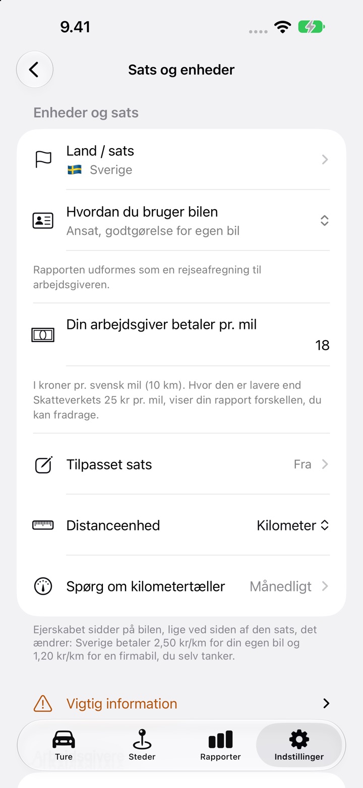 Indstillinger, Sats og enheder, med feltet "Din arbejdsgiver betaler pr. mil" sat til 18 for en svensk lønmodtager