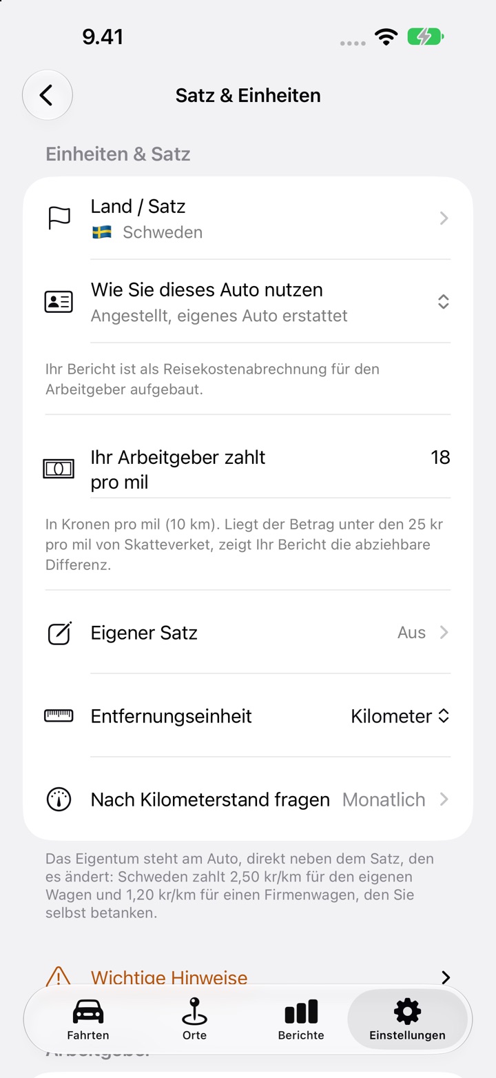 Einstellungen, Satz & Einheiten, mit dem Feld „Ihr Arbeitgeber zahlt pro mil“ auf 18 gesetzt für einen schwedischen Arbeitnehmer