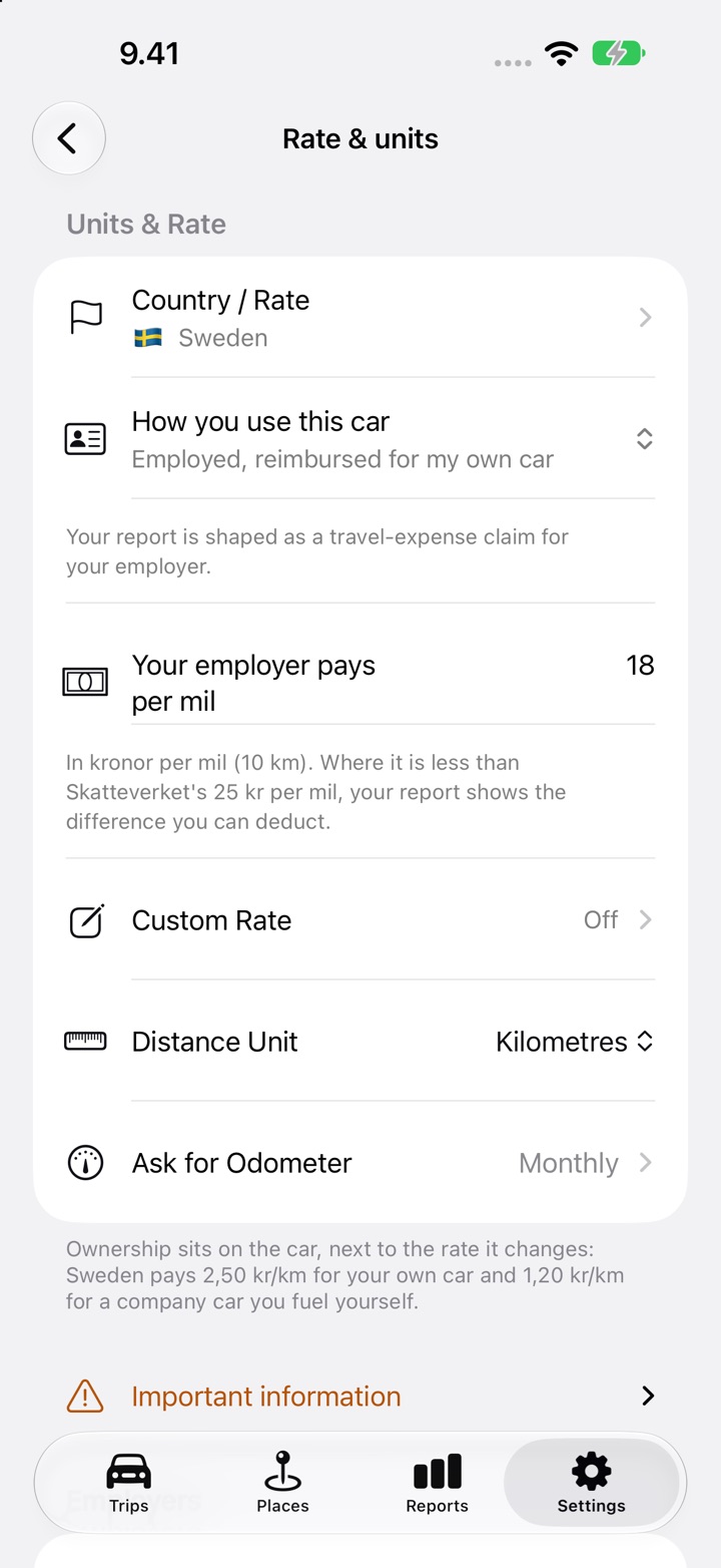 Settings, Rate & units, with the field "Your employer pays per mil" set to 18 for a Swedish employee