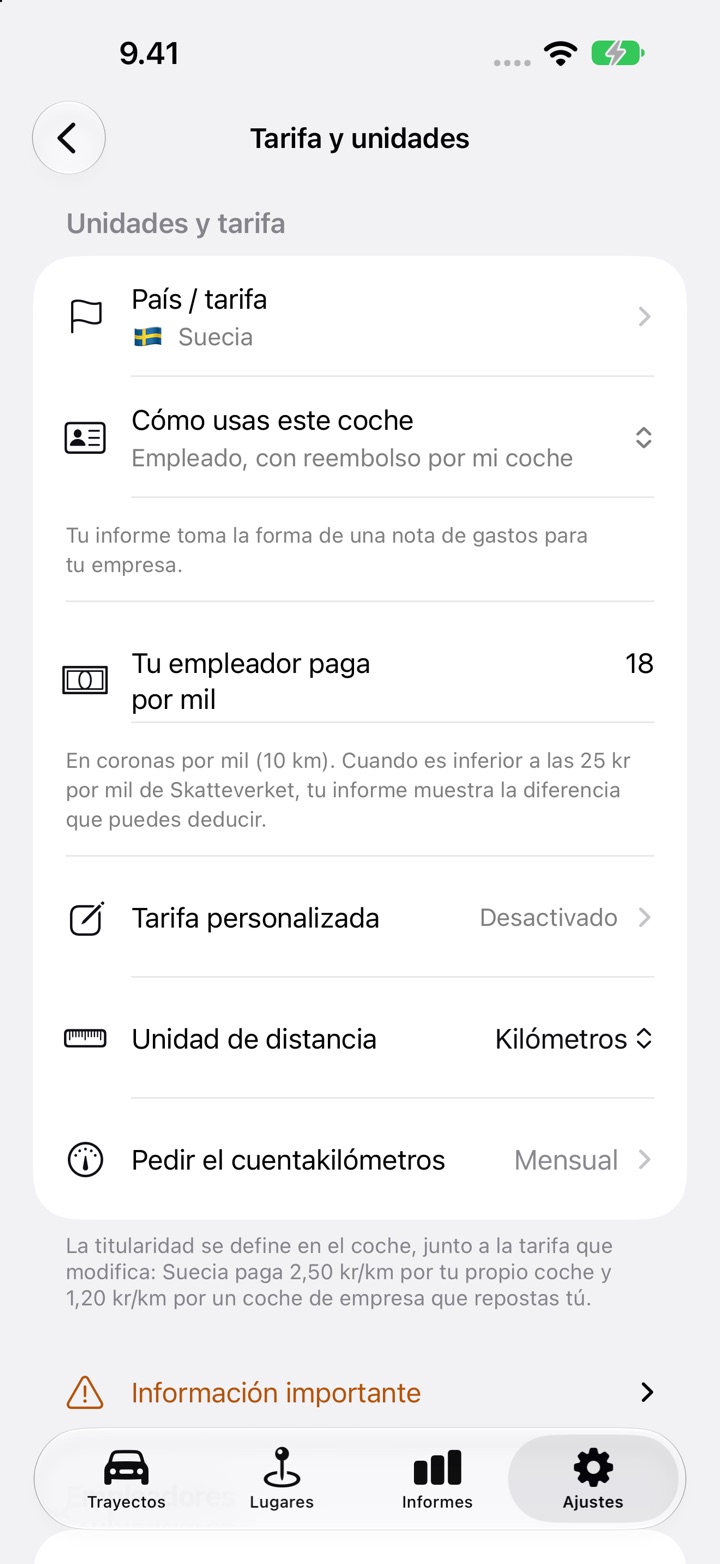 Ajustes, Tarifa y unidades, con el campo «Tu empleador paga por mil» en 18 para un empleado sueco