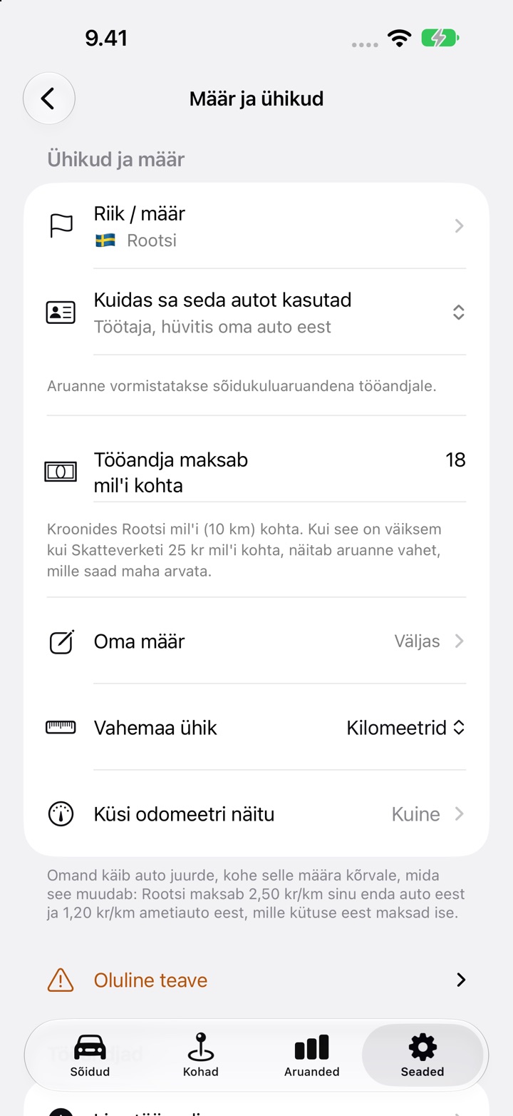 Seaded, Määr ja ühikud, väli „Tööandja maksab mil'i kohta“ väärtusega 18 Rootsi töötaja jaoks