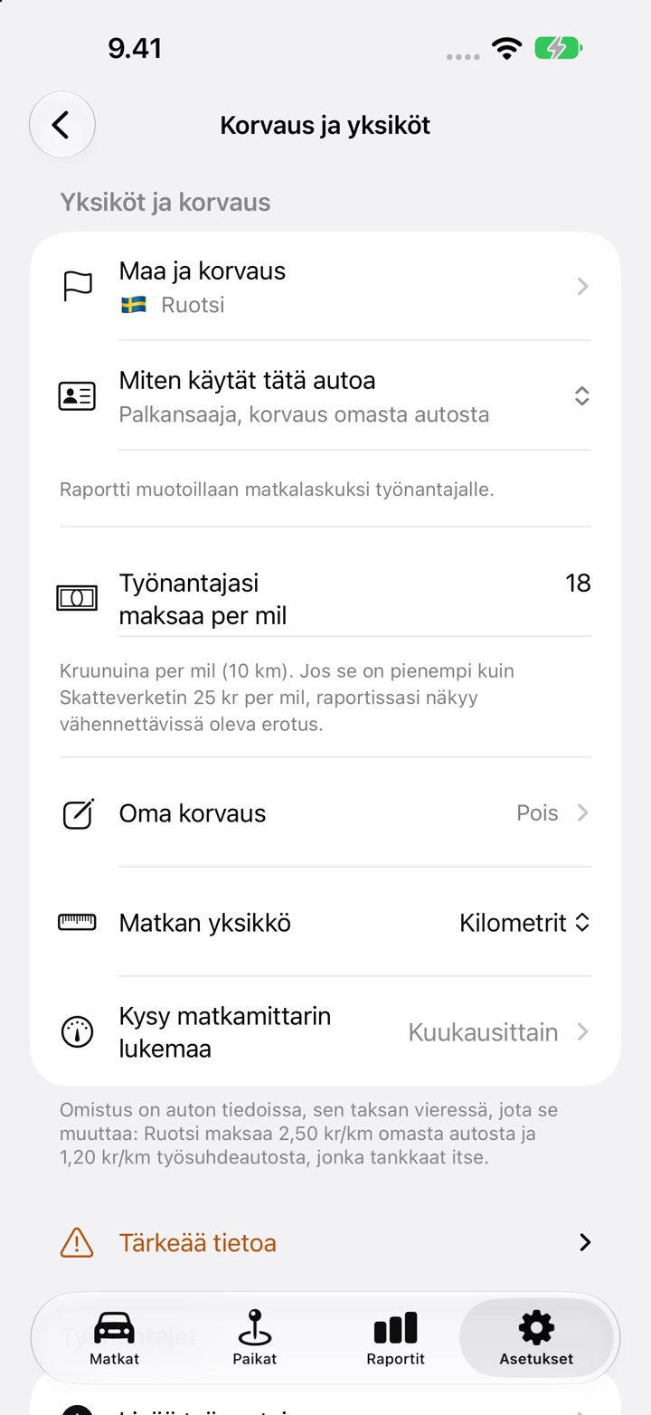 Asetukset, Korvaus ja yksiköt, kentän "Työnantajasi maksaa per mil" arvona 18 ruotsalaiselle työntekijälle