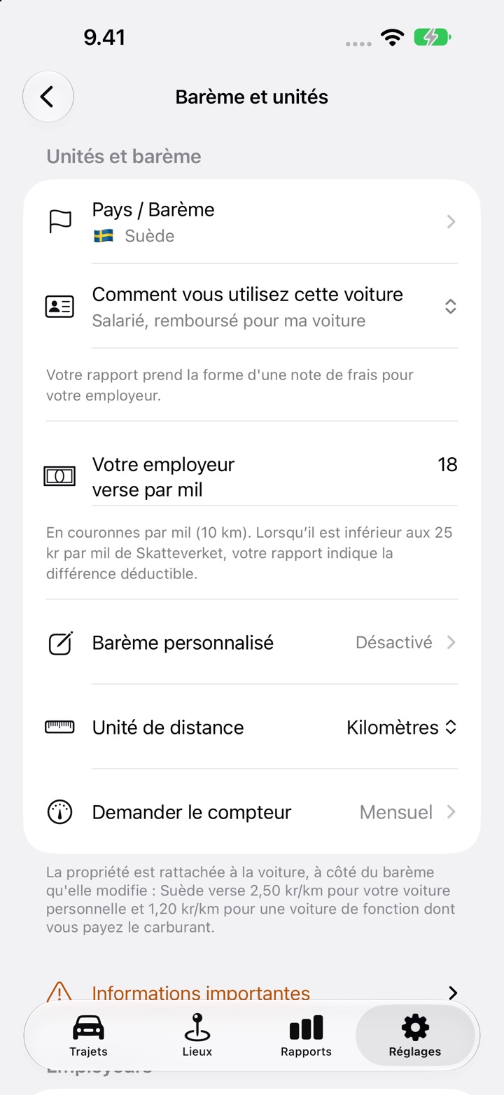 Réglages, Barème et unités, avec le champ « Votre employeur verse par mil » réglé sur 18 pour un salarié suédois