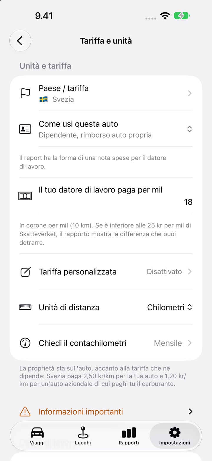 Impostazioni, Tariffa e unità, con il campo «Il tuo datore di lavoro paga per mil» impostato su 18 per un dipendente svedese