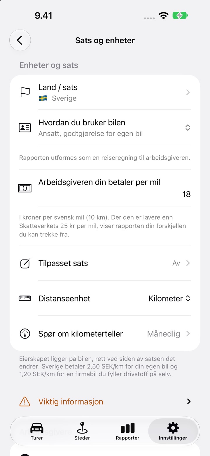Innstillinger, Sats og enheter, med feltet «Arbeidsgiveren din betaler per mil» satt til 18 for en svensk ansatt